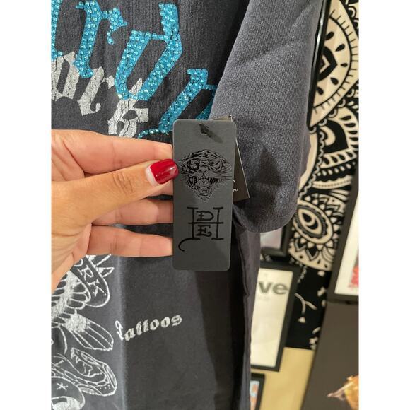 NWT Ed Hardy NYC Eagle Oversized Y2K Streetwear Short Sleeve Tee Charcoal Medium - Picture 6 of 8